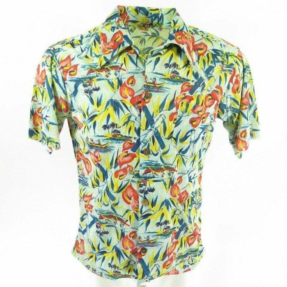 Vintage 60s Hang Ten Hawaiian Camp Shirt M Tropical Beach Button Front Pocket